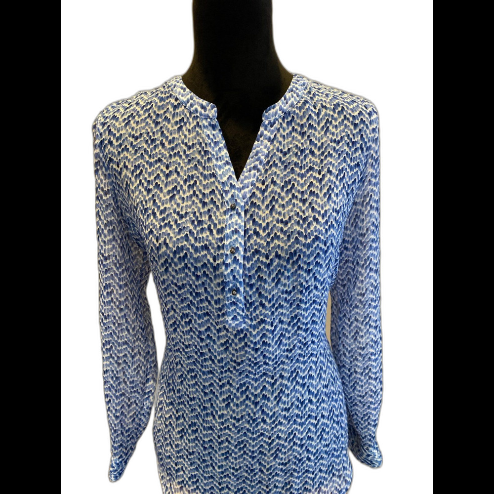 Liz Claiborne Blouse‎ Size Petite Medium Sheer Dressy Pullover Blue Top Cuffs